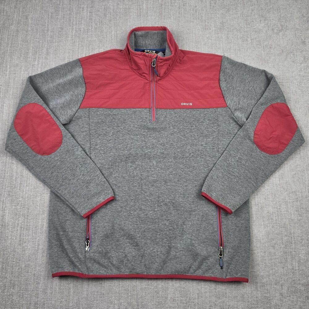 Orvis Mens Medium 1/4 Zip Pullover Sweatshirt Gray Red Elbow Patch Fleece